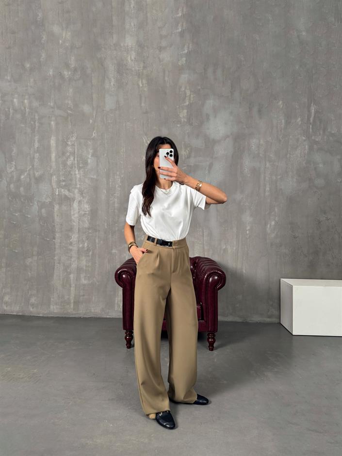 Mocha Haki Kemer Detaylı Palazzo Pantolon