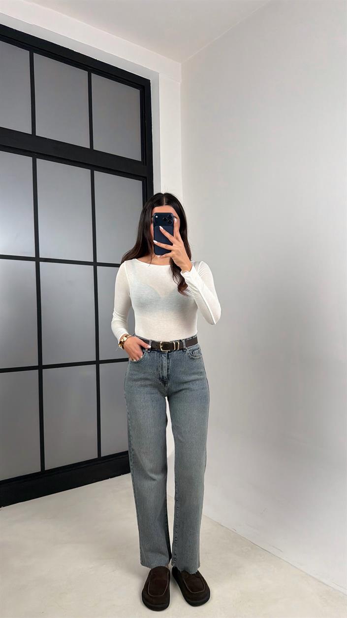 Mavi Kesik Paça Yıkama Desenli Kemerli Jean GAUS-00541