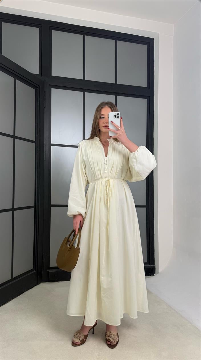 Soft Sarı Düğme Detaylı Kuşaklı Vual Kumaş Elbise GAUS-01263