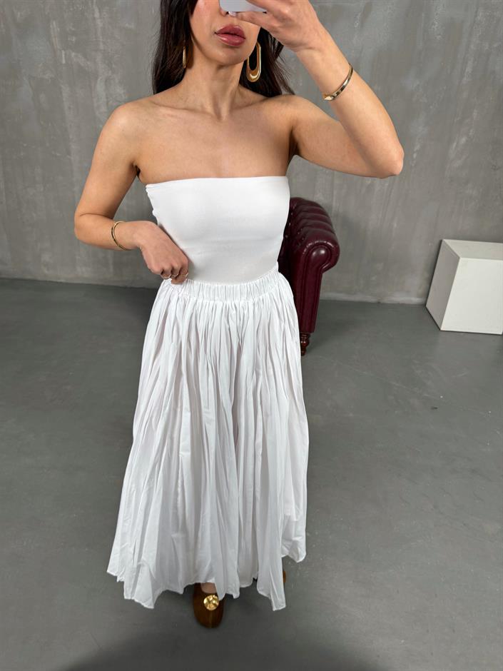 Essa Beyaz Kırışık Kumaş Kraş Maxi Boy Etek Gaus00256