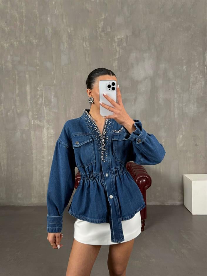 Mavi Boncuk İşlemeli Belden Lastikli Denim Tasarım Ceket Gaus00028