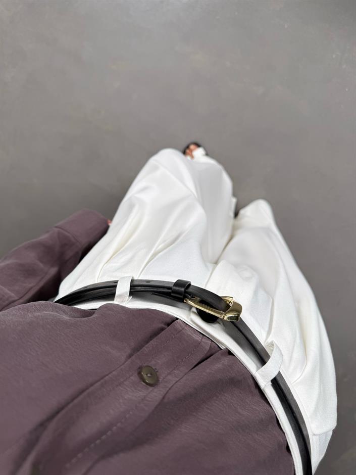 Beyaz Kemerli Bol Paça Pantolon Gaus00076