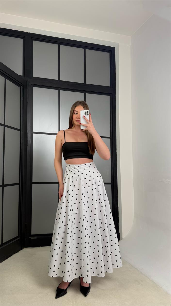 Beyaz Puantiye Desenli Premium Poplin Etek GAUS-01261