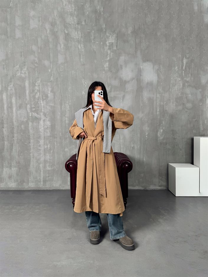 Sindy ZR Camel Muadil Premium Astarsız Kuşaklı Trençkot