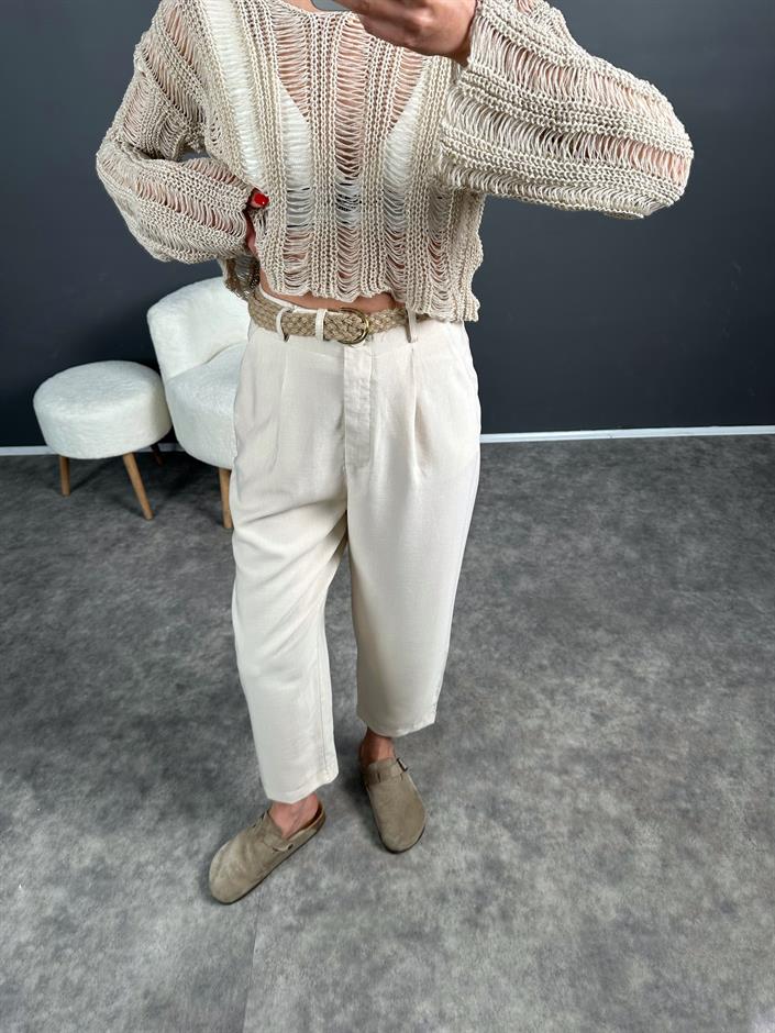 Hasır Kemerli Keten Pantolon 