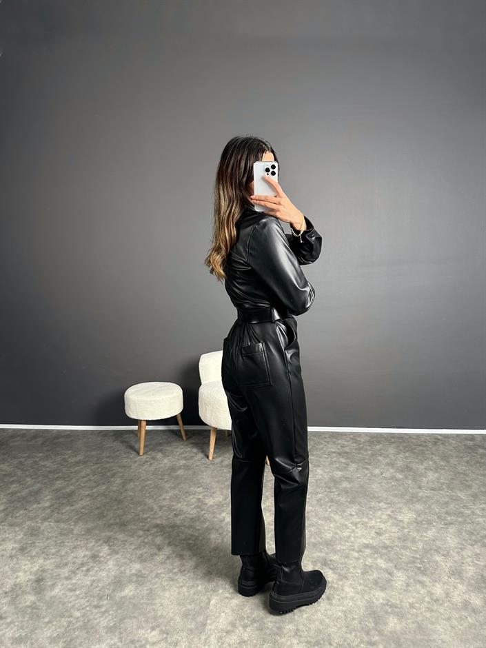 Siyah Deri Kemerli İçi Şardonlu Tulum 