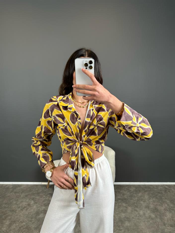 Sarı İthal Yumuşak Saten Bağlamalı Bluz
