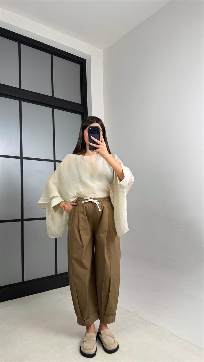 cappuccino Beli Lastikli Muadil Pantolon GAUS-01119