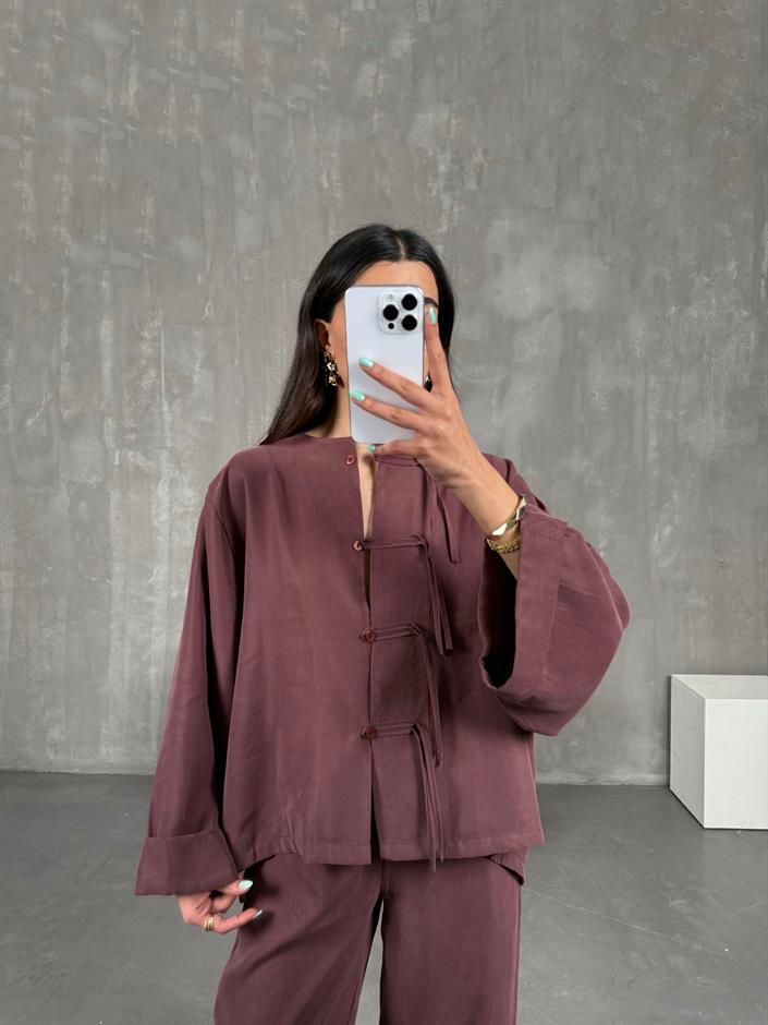 Mürdüm Yaka Düğmeli Gömlek Beli Lastikli Pantolon Tensel Takım Gaus00238
