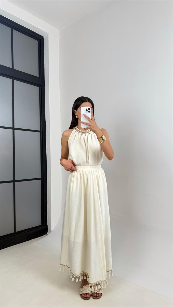 Taş Yaka Boncuk Detaylı Bluz Astarlı Etek İkili İthal Kumaş Takım Gaus00534