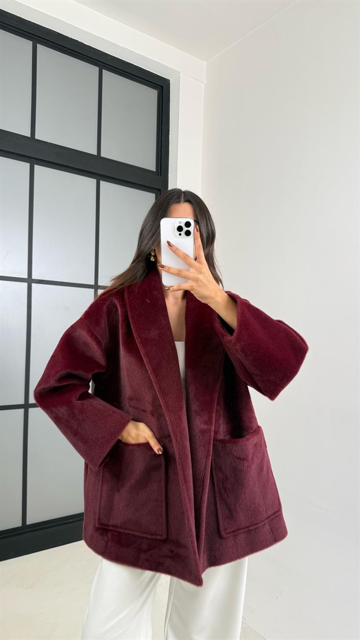 Bordo Kuşaklı Astarlı Kürk GAUS-00183
