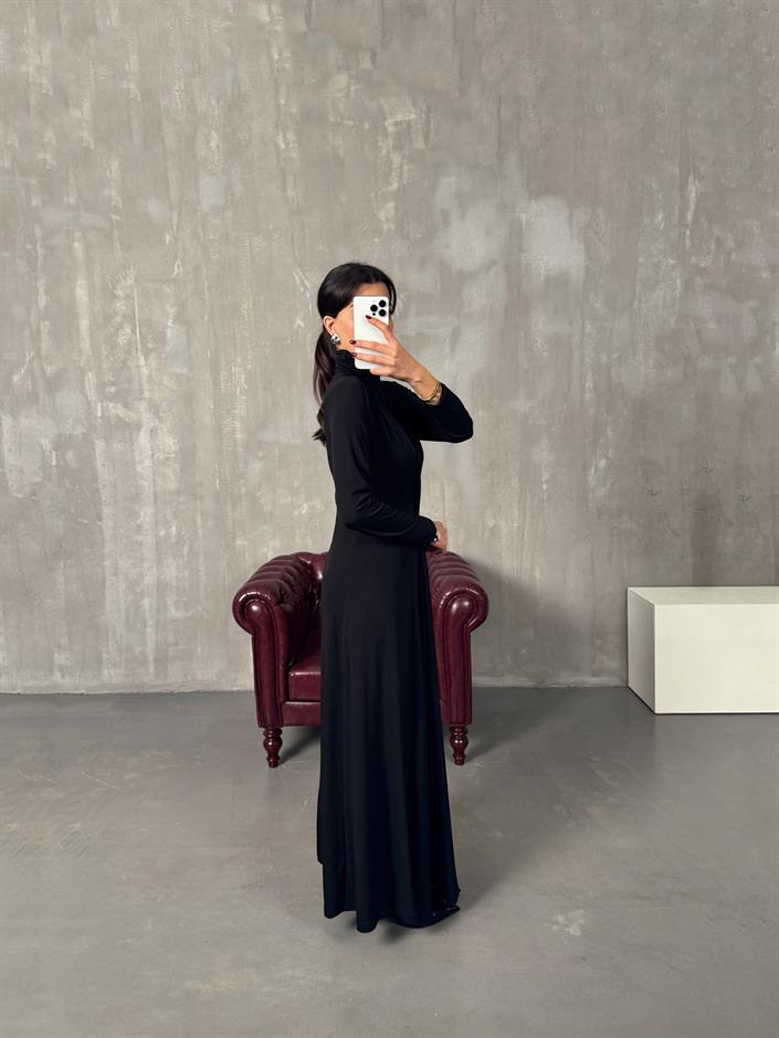 Jerse Siyah Balıkçı Yaka Tasarım Maxi Elbise