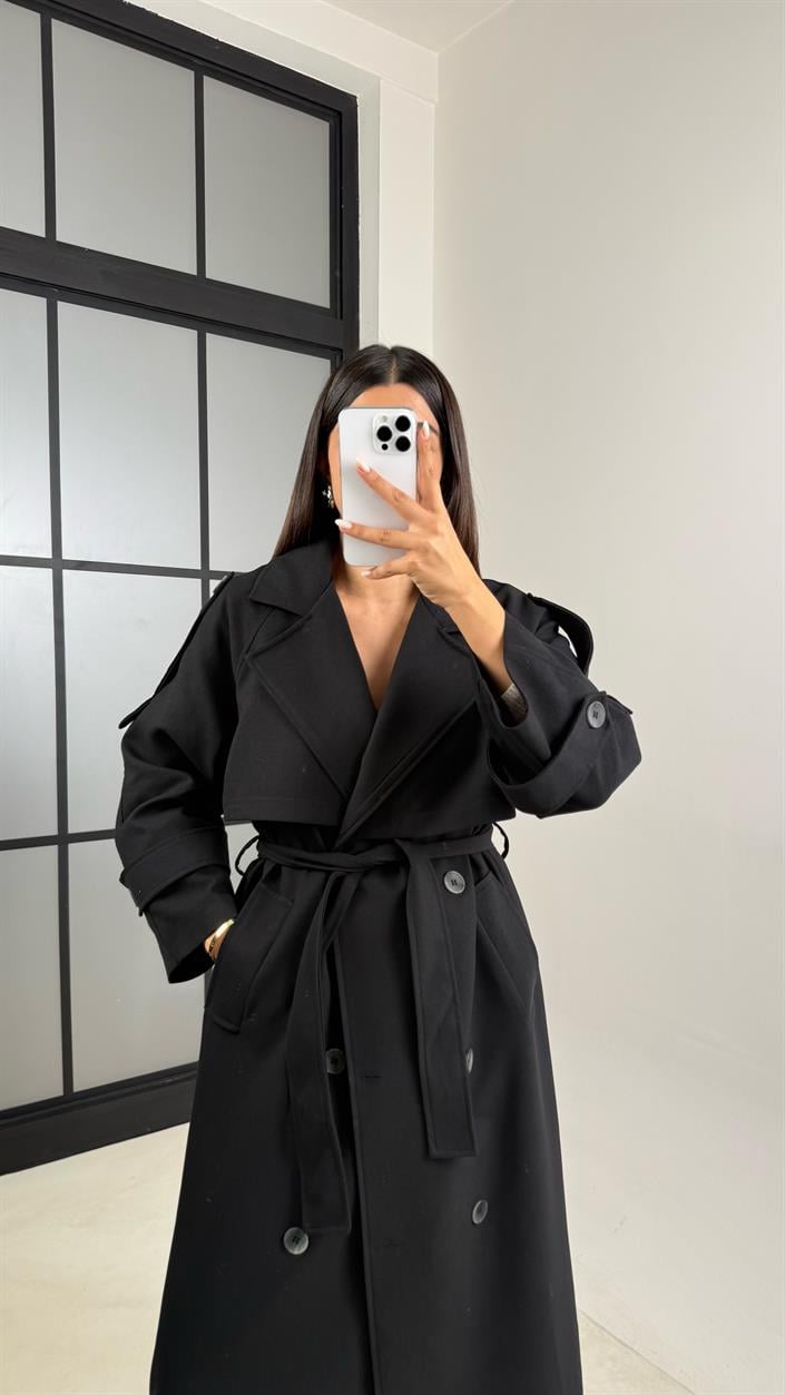 Siyah Astarlı Kuşaklı Premium Trençkot GAUS-00516