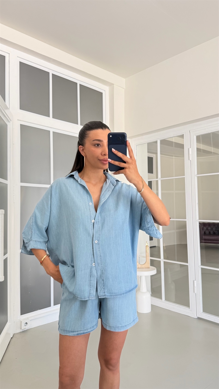 Mavi Tencel Denim Şortlu Gömlek Takım GAUS-01717