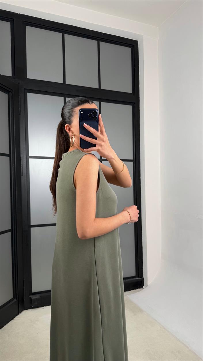 Haki Sıfır Kol Basic Modal Kumaş Elbise GAUS-01329