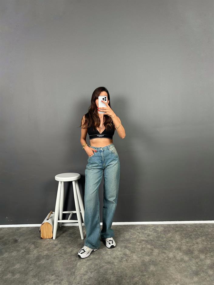 Davy Mavi Eskitme Yıkamalı Wide Leg Jean 