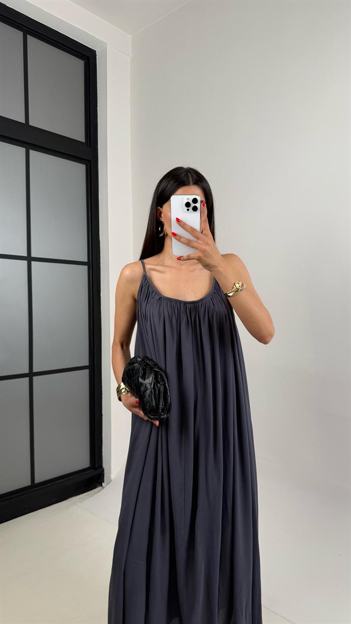 Antrasit Ayarlanabilir Askılı MD Muadil Astarlı Keten Elbise Gaus00474