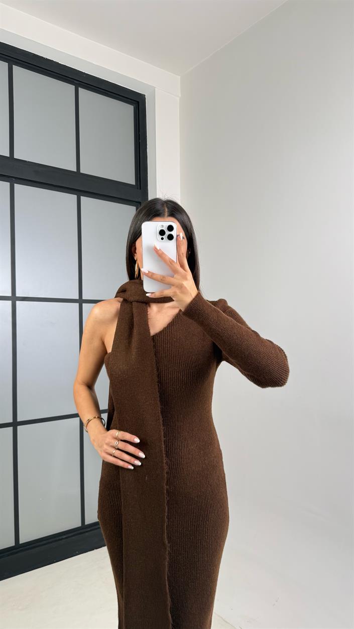Kahve Tek Omuz Atkılı Triko Elbise GAUS-00223
