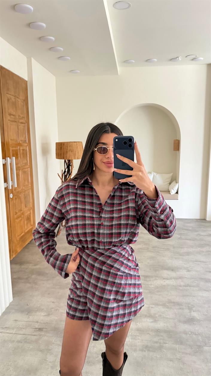 Bordo Düğmeli Ekose Desenlii Muadil Gömlek Elbise GAUS-00877