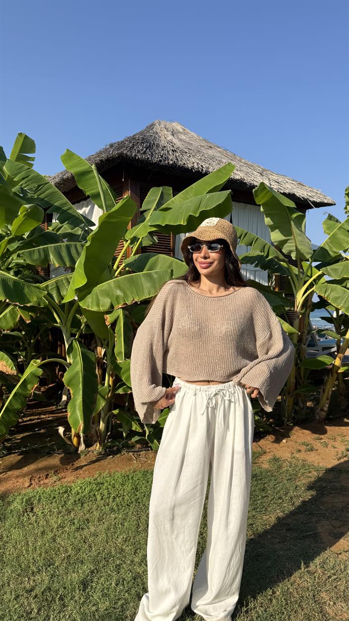 Haki Önden Bağlamlı Beli Lastikli Bluz Etek İkili Kırışık Tencel Takım Gaus00655