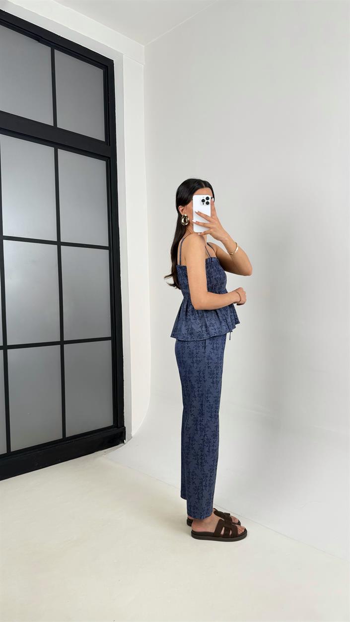 Lacivert Desenli Ayarlanabilir Askılı Gipeli Üst Beli Lastikli Pantolon Tensel Denim Takım Gaus00451