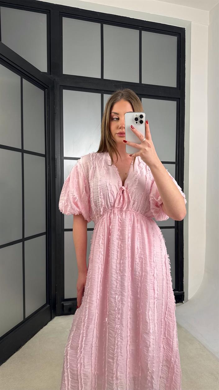 Pembe Püsküllü V Yaka Balon Kol Elbise GAUS-01232