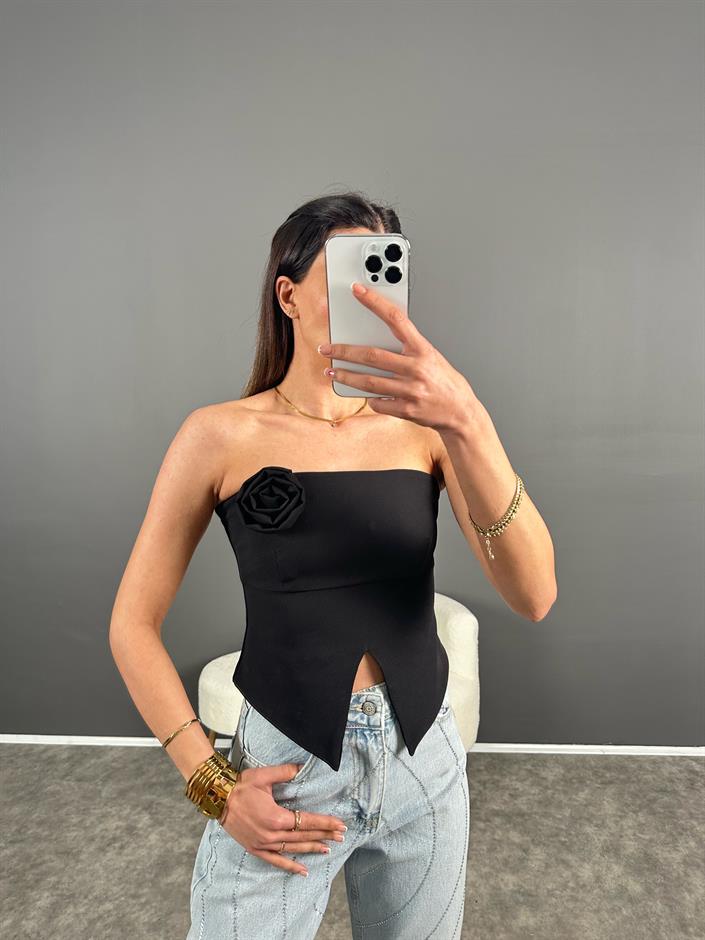 Siyah Gül Detaylı Arkası Fermuarlı Straplez