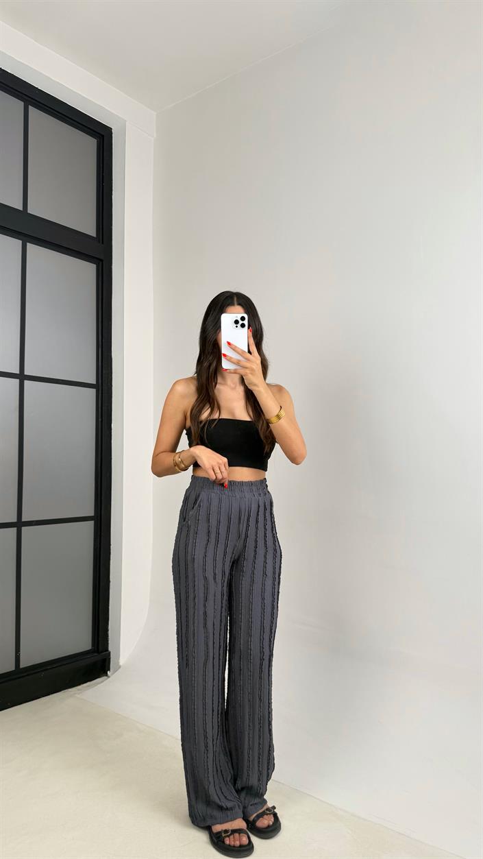 Antrasit Beli Lastikli Krinkıl Kumaş Tasarım Pantolon GAUS-0031