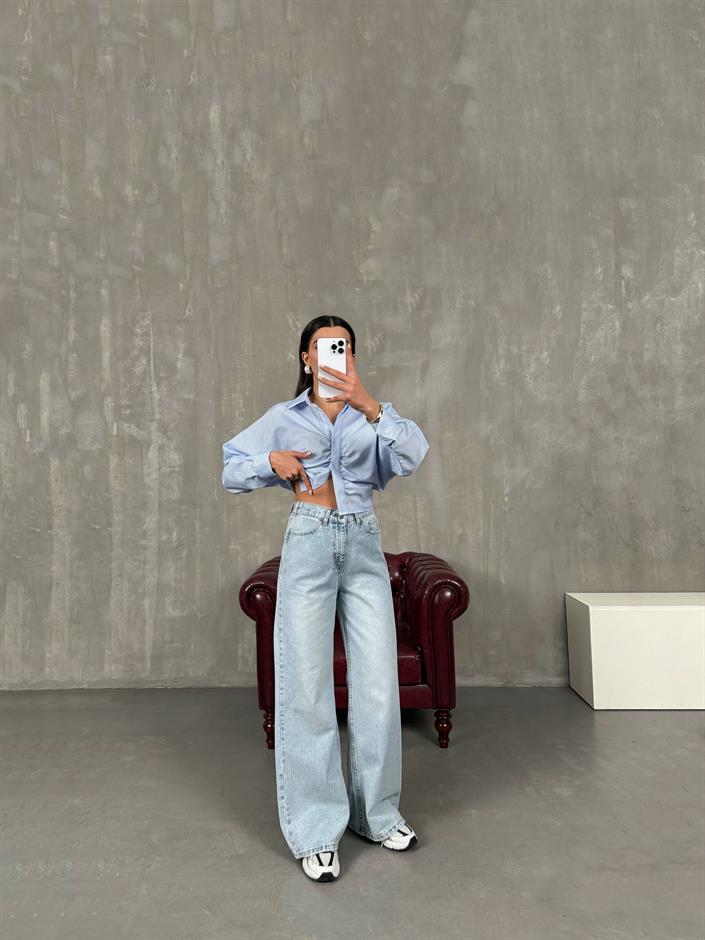 Garden Buz Mavi Belden Lastikli Wide Leg Jean