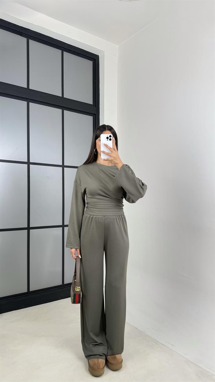 Haki Yarasa Kol Bluz Beli Lastikli Pantolon Tasarım Modal Takım GAUS-00572