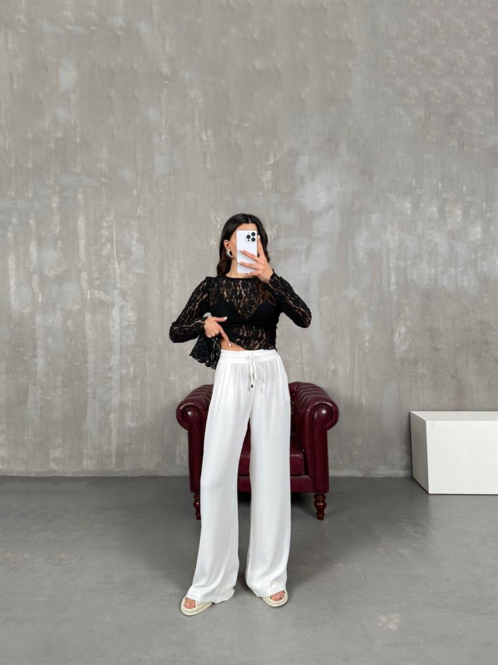 İvo Beyaz Belden İpli Viskon Karışımlı Pantolon