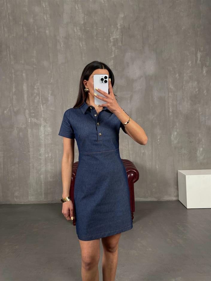 Lacivert Düğmeli Kısa Kollu İnce Denim Elbise Gaus00148