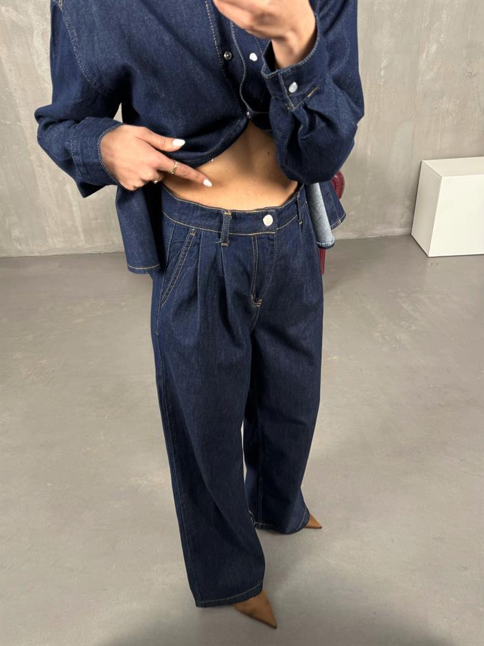 Koyu Mavi Çıtçıt Düğmeli Gömlek Pantolon Denim Takım Gaus0002
