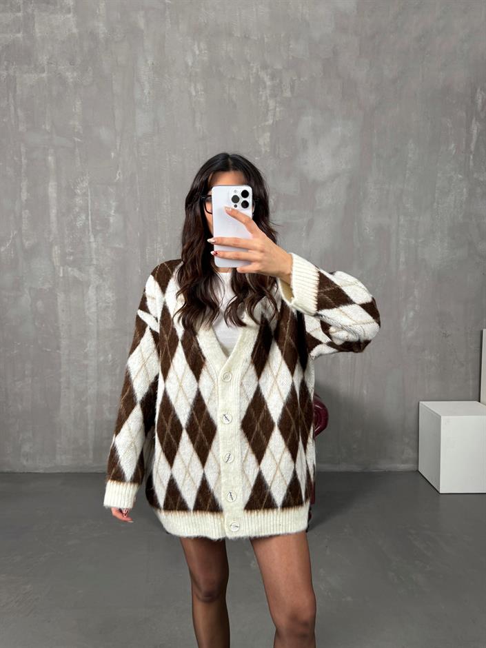 Metu Krem Kahve Baklava Desenli Sakallı Hırka