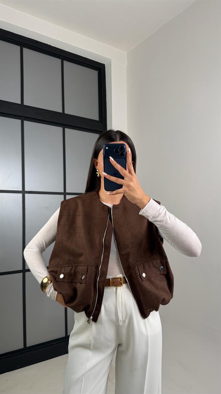 Kahve Beli Lastikli Astarlı Premium Süet Yelek GAUS-00637