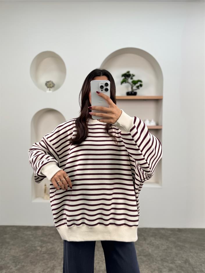 Biana Bordo Çizgili Üç İplik Şardonlu Ekru Oversize Sweatshirt