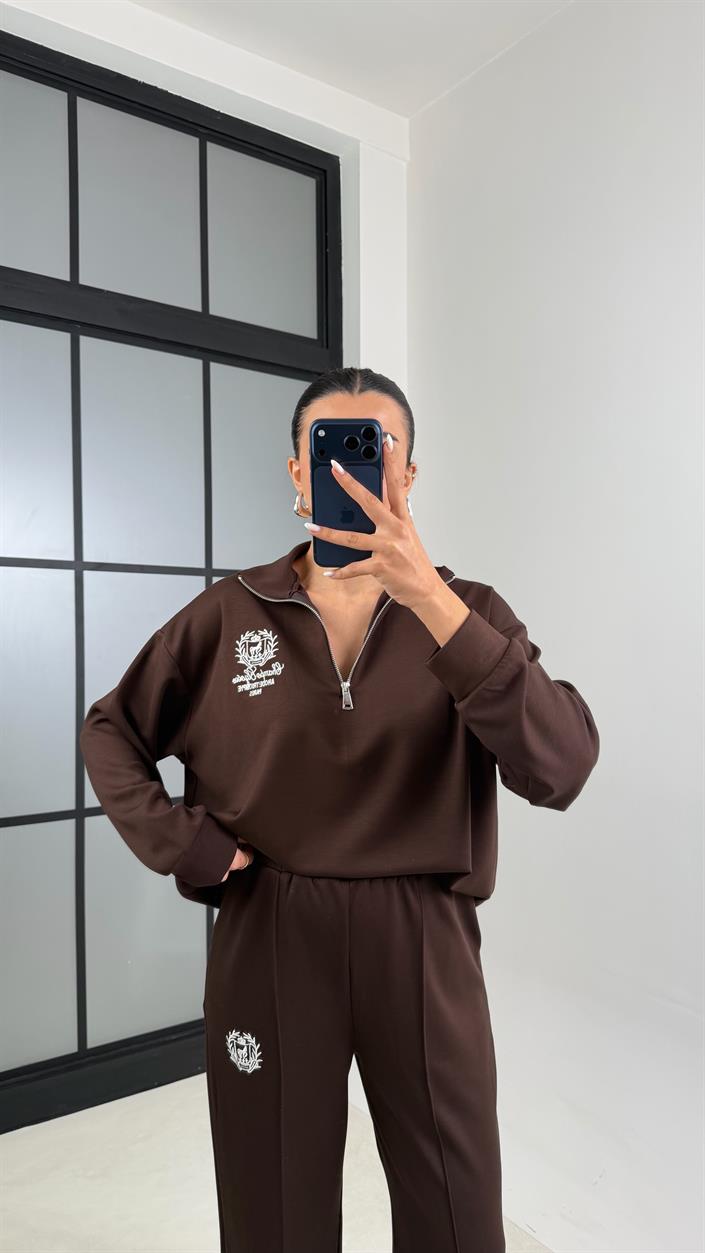 Kahve Fermuarlı Baskılı Sweatshirt Beli Lastikli Eşofman İkili Takım GAUS-00597