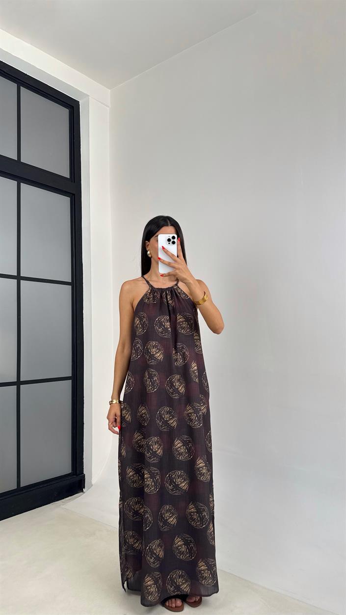 Acı Kahve Halter Yaka Gold Desenli Cep Detaylı Astarlı Keten Elbise GAUS-0052