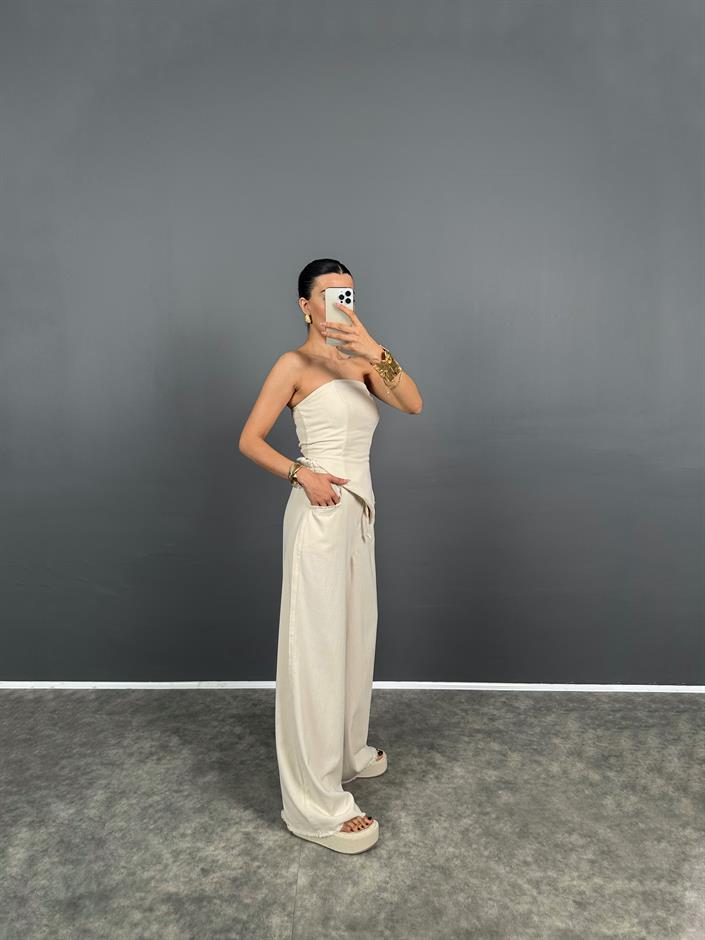 Spino Taş Gabardin Crop Bol Paça Pantolon Takım