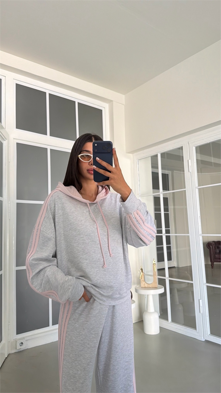 Pembe Kapüşonlu Sweatshirt Beli Lastikli Eşofman Şerit Detaylı Takım GAUS-01995