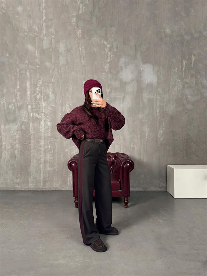 Rodni Kahve Bordo Şeritli Yünlü Poliviskon Tasarım Pantolon