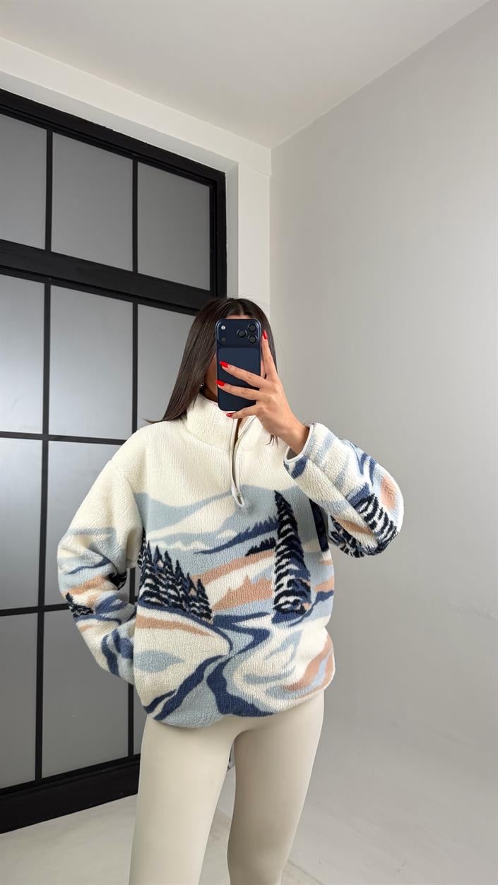 Mavi Fermuarlı Ağaç Desenli Polar Sweatshirt GAUS-00723 GAUS-01021