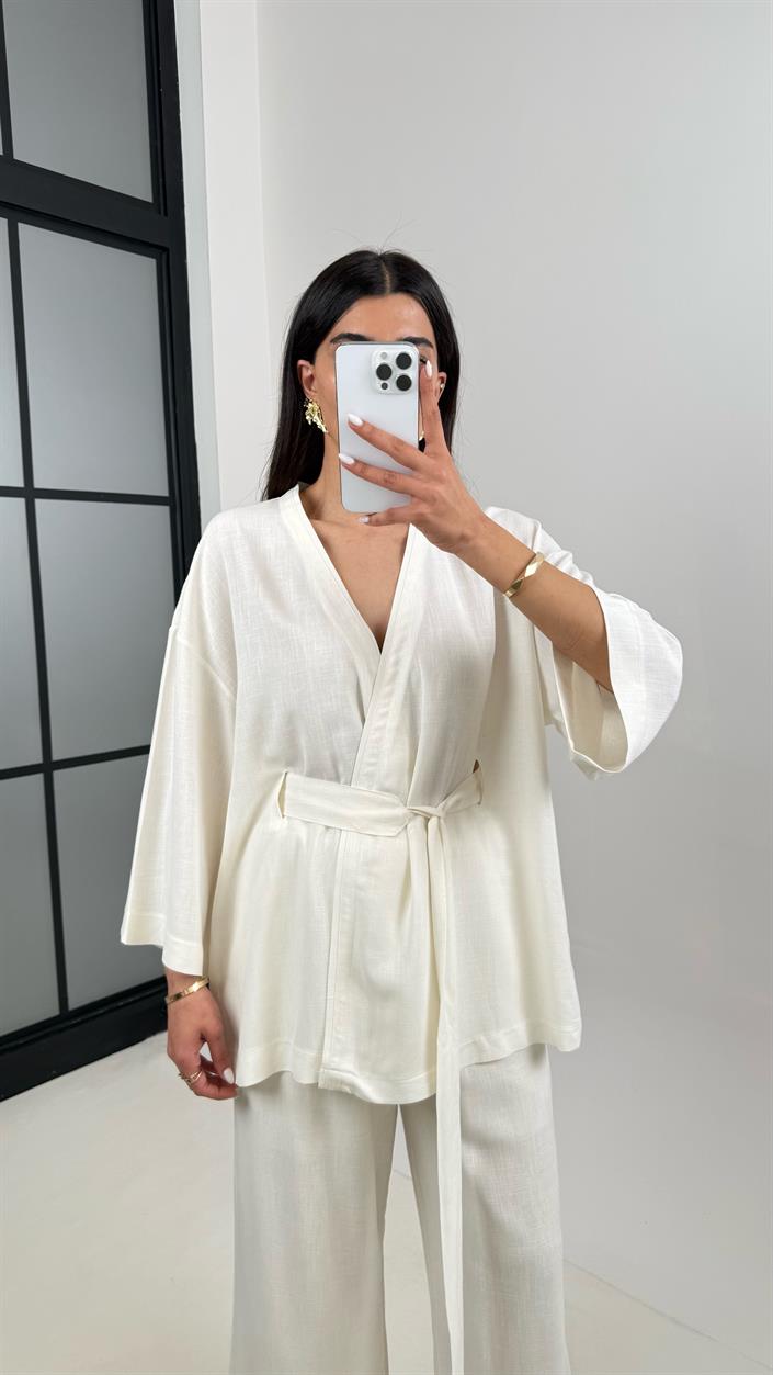 Ekru Kuşaklı Kimono Beli Lastikli Cepli Pantolon Keten Takım Gaus00397