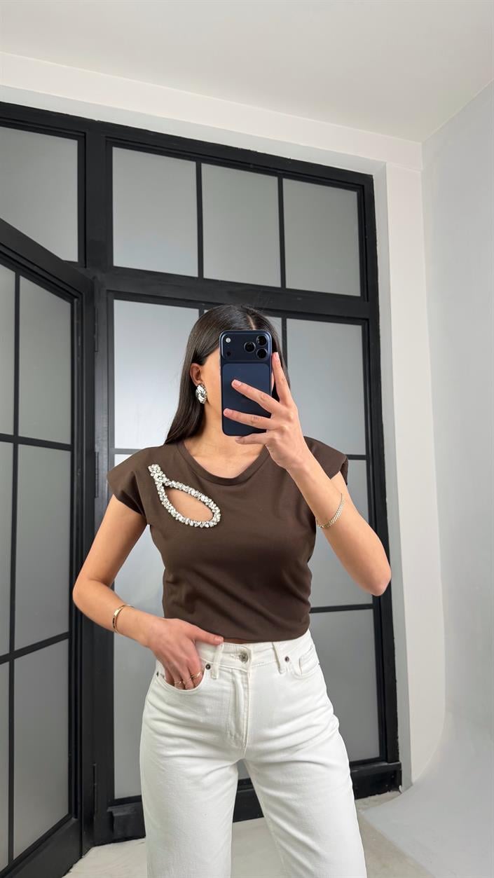 Kahve Vatkalı Taş Detaylı Muadil Bluz GAUS-01282