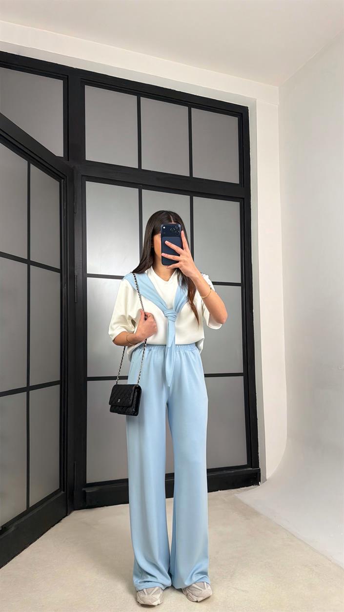 Mavi Şal Detaylı Basic Tshirt Beli Lastikli Pantolon İkili Eşofman Takımı GAUS-01284