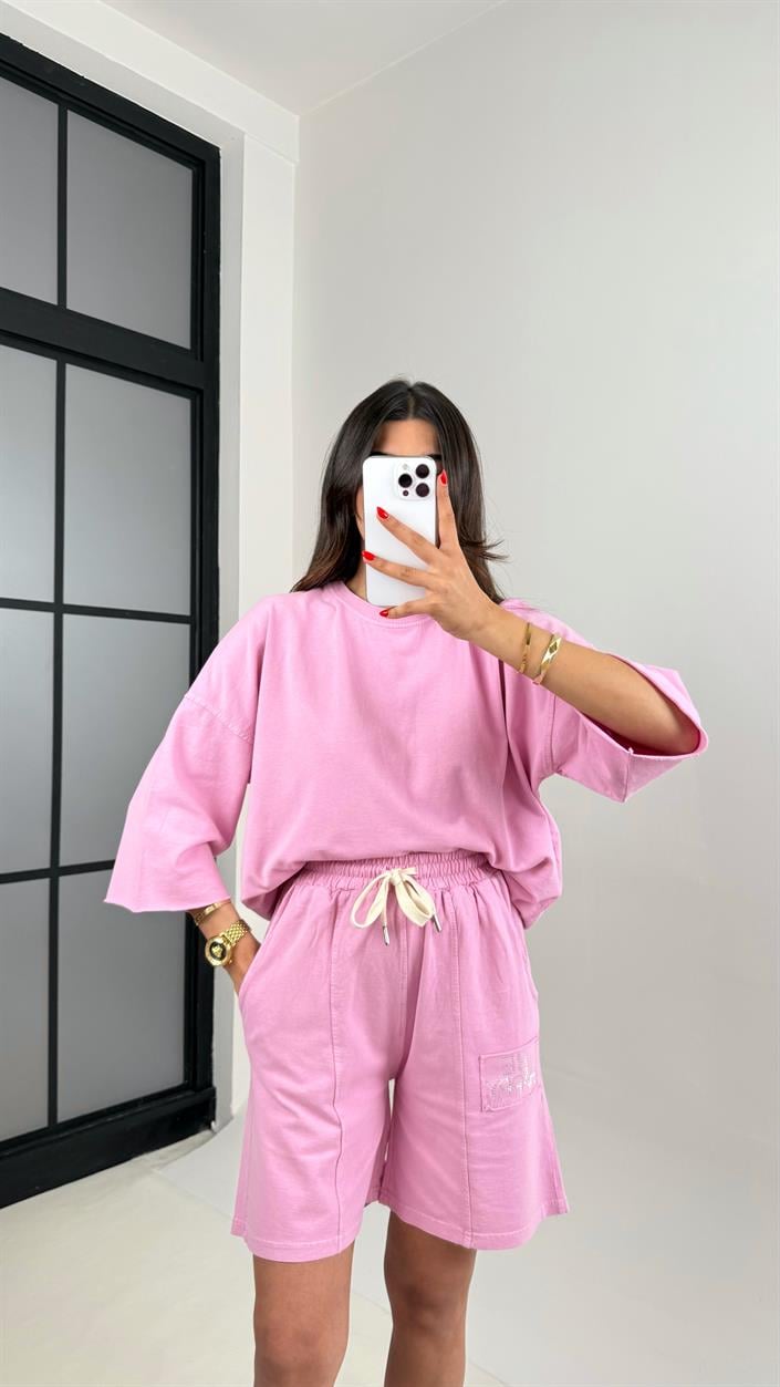 Pembe Eskitme Desenli Taş Yazılı Şortlu Takım Gaus00482