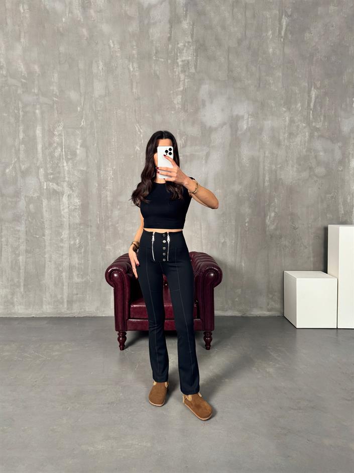 LO Çift Fermuarlı Siyah Çelik İspanyol Paça Tayt