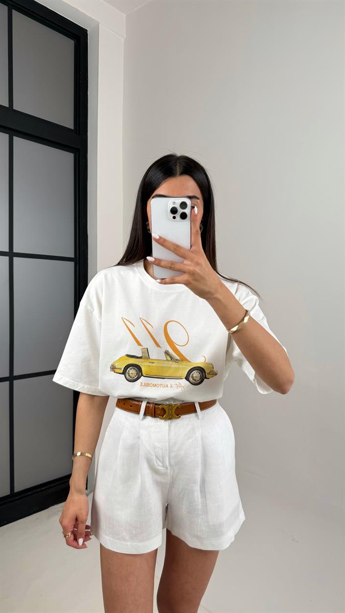 Beyaz Araba Baskılı Basic Tshirt Gaus00415