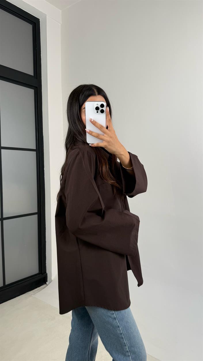 Acı Kahve Oversize Cep Detaylı Poplin Gömlek GAUS-0072