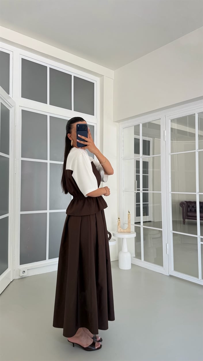 Kahve TWST Model Beli Lastikli Bluz Etek İkili Takım GAUS-01768